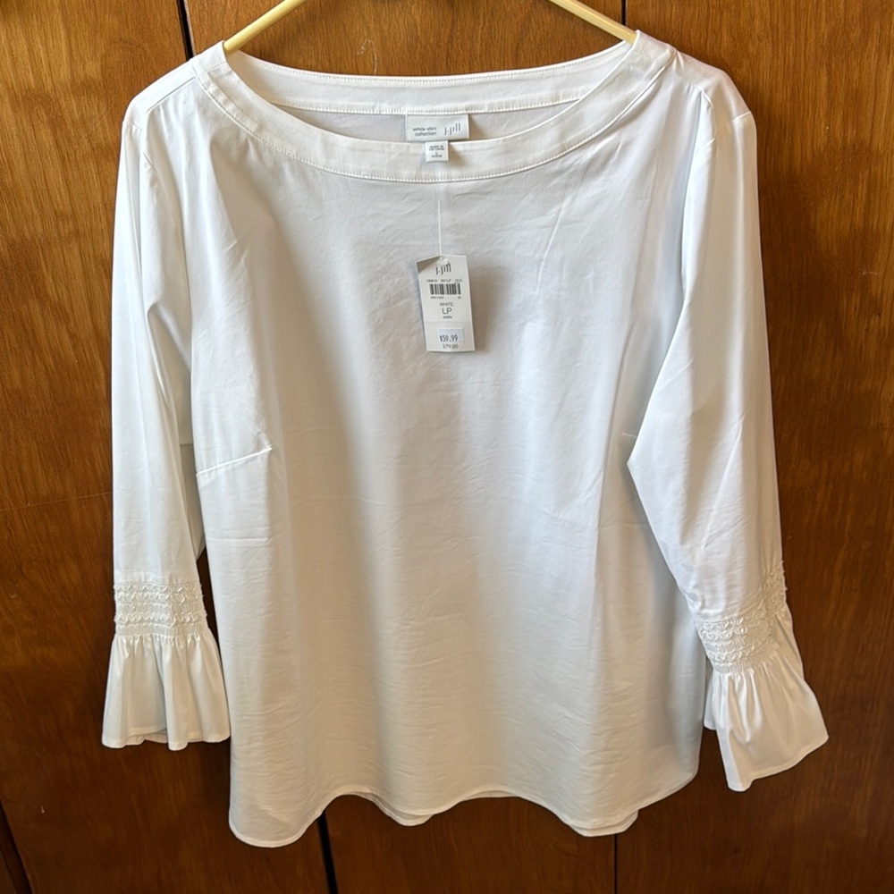 J Jill, NWT, Women's White Blouse with Ruffled Sleeves, Size L